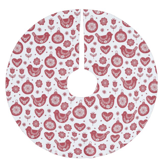 Red White Nordic Bird Bulb Christmas Brushed Polyester Tree Skirt (Front)
