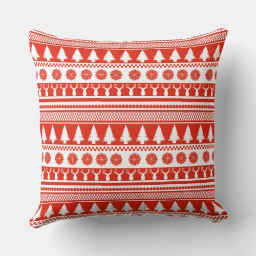 Red White Nordic Christmas Pattern Throw Pillow