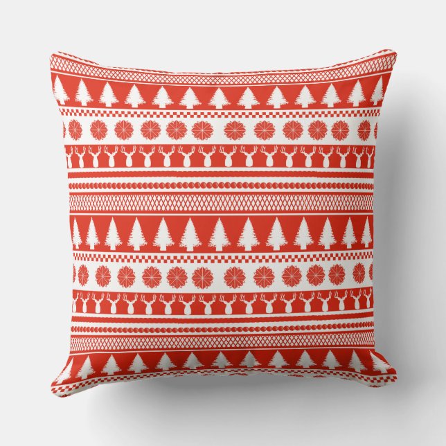 Red White Nordic Christmas Pattern Throw Pillow (Back)