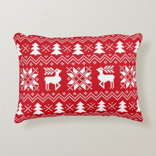 Red White Nordic Christmas Winter Pattern Accent Pillow