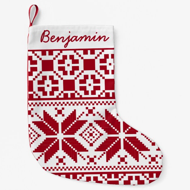 Red White Nordic Knit Style Personalized Christmas Small Christmas Stocking (Front)