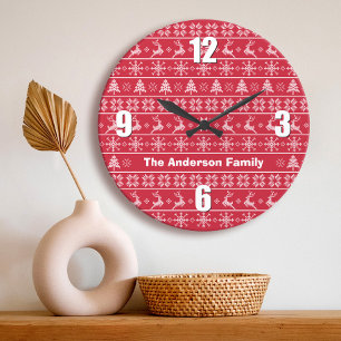 Red White Nordic Knit Ugly Sweater Name Modern Large Clock