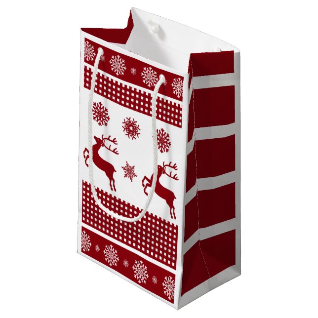 Red & White Nordic Reindeer Christmas Gift Bag (Front Angled)