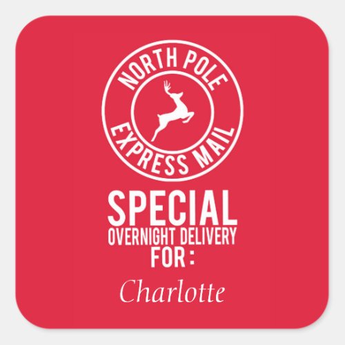 Red  White North Pole Express Mail Name Square Sticker