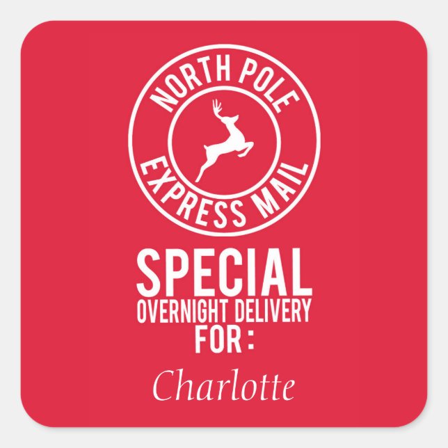 Red & White North Pole Express Mail Name Square Sticker (Front)