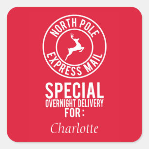 Red & White North Pole Express Mail Name Square Sticker