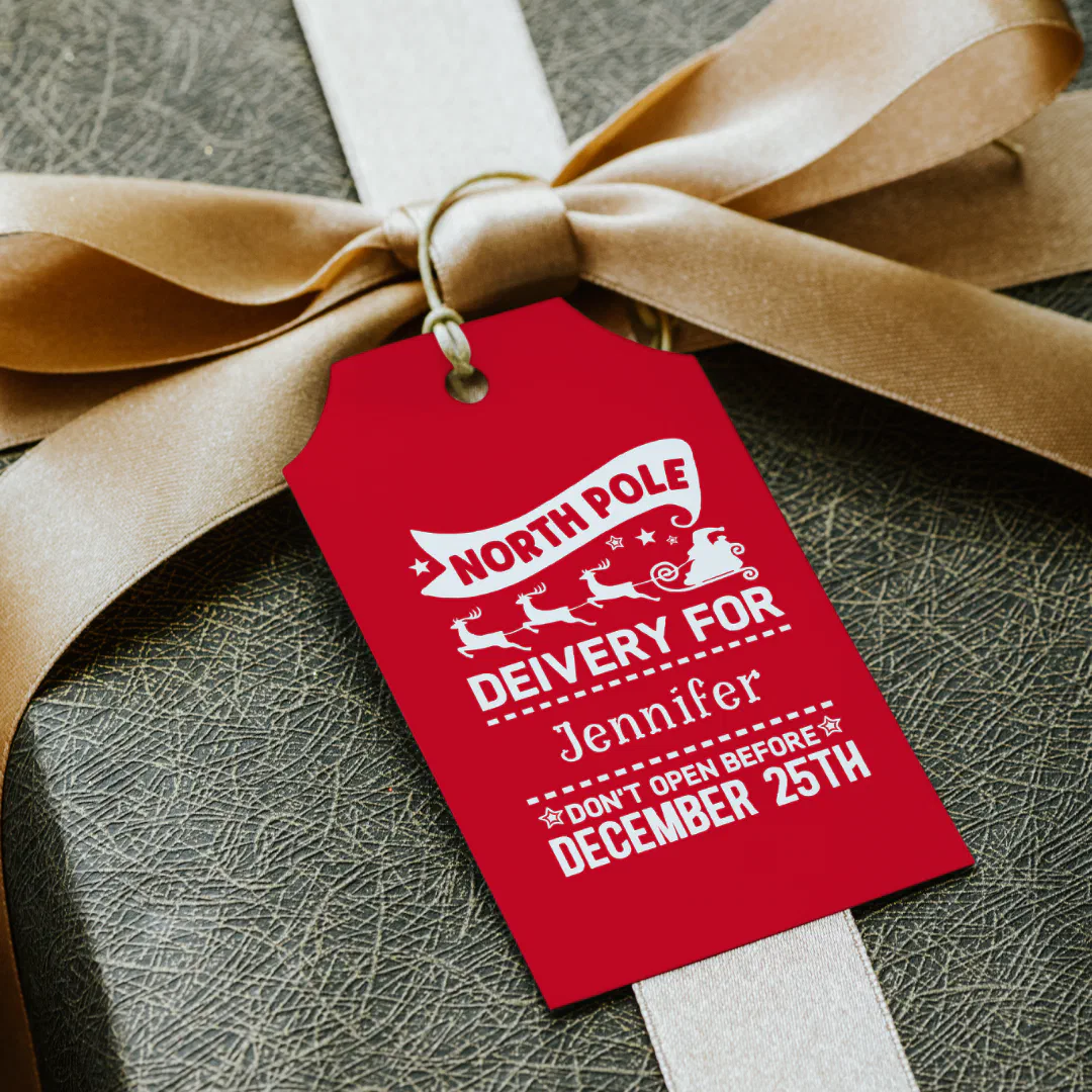 Red & White North Pole SANTA Delivery Name Gift Tags