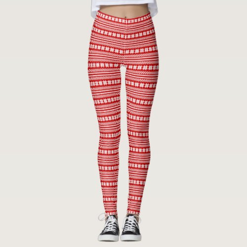 Red White Norwegian Christmas Sweater Pattern Leggings