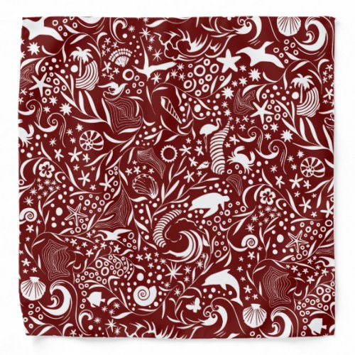 Red White Ocean Pattern  Dolphin Waves Shell Crab Bandana