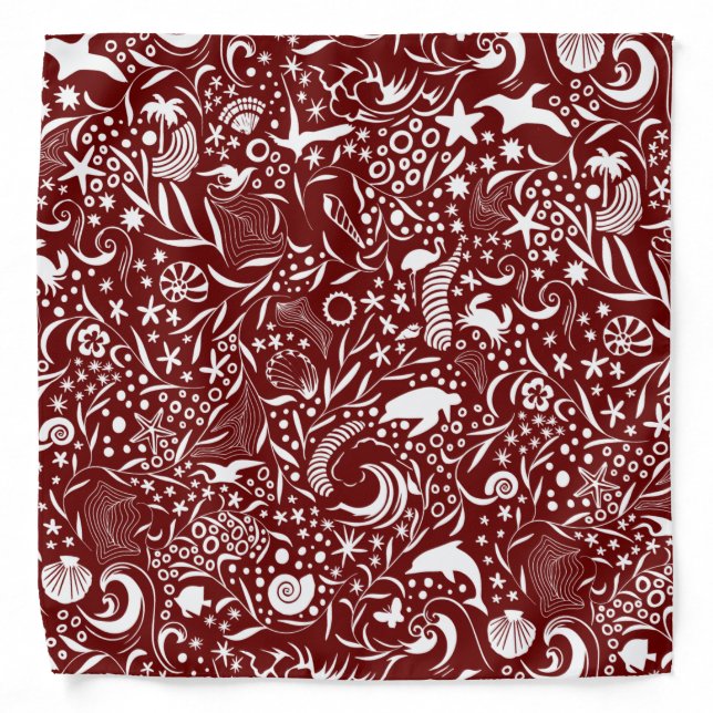 Red White Ocean Pattern | Dolphin Waves Shell Crab Bandana (Front)