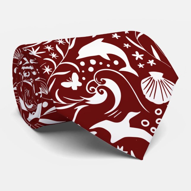 Red White Ocean Pattern | Dolphin Waves Shell Crab Neck Tie (Rolled)