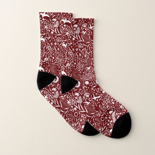 Red White Ocean Pattern  Dolphin Waves Shell Crab Socks