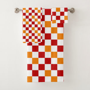 Red White Orange Checkered Pattern Design  Bath Towel Set