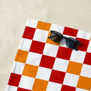 Red White Orange Checkered Pattern Design Beach Towel