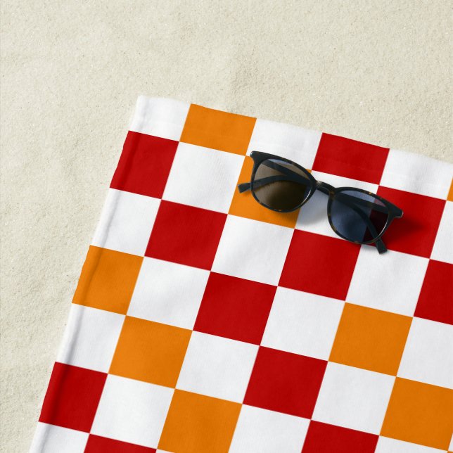 Red White Orange Checkered Pattern Design  Beach Towel (In Situ)