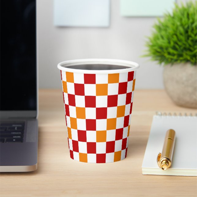 Red White Orange Checkered Pattern Design  Paper Cups (Insitu)