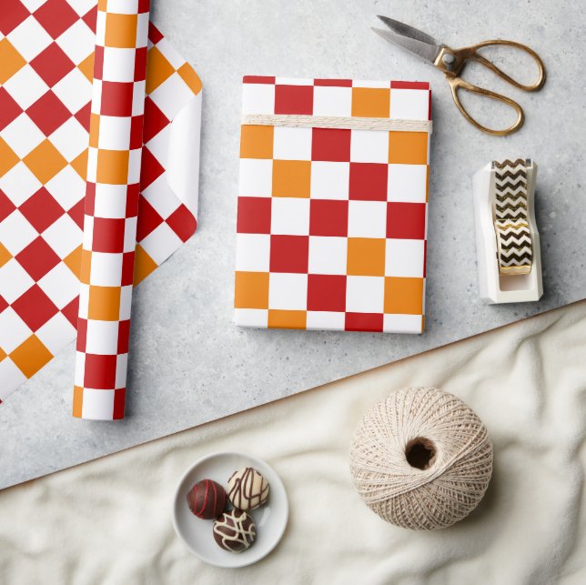 Red White Orange Checkered Pattern Design  Wrapping Paper (Crafts)