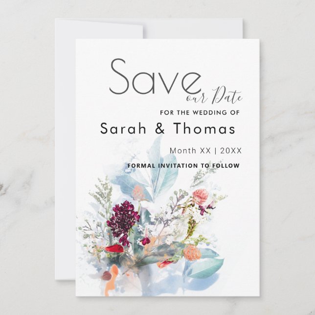RED WHITE & ORANGE FLORAL ELEGANT SAVE OUR DATE ANNOUNCEMENT (Front)
