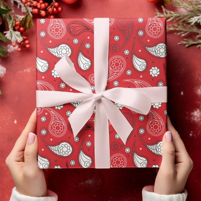 Red & White Paisley Bandana Pattern Personalize Wrapping Paper (Creator Uploaded)