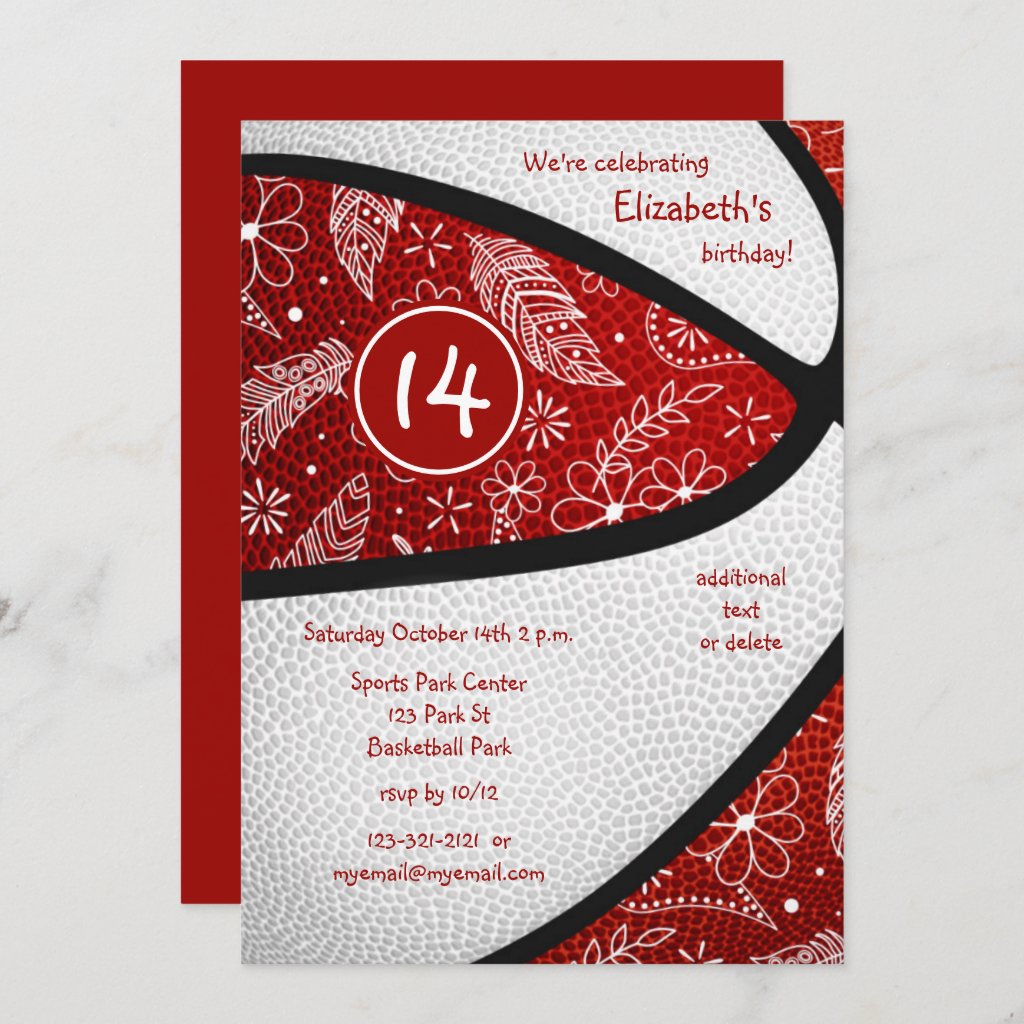 red white paislies doodle girls basketball party invitation