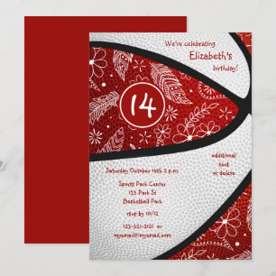 red white paislies doodle girls basketball party invitation