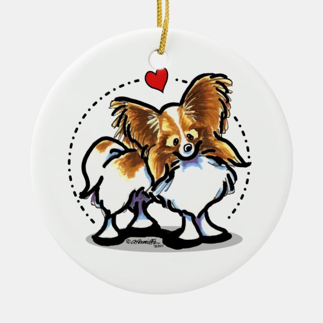 Red White Papillon Heart Personalized Ceramic Ornament (Front)