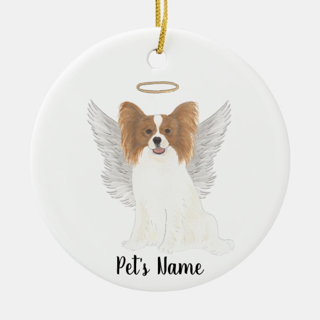 Red & White Papillon Sympathy Memorial Ceramic Ornament (Front)