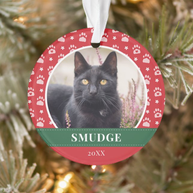 Red White Paw Print Pattern Pet Photo Ornament (Tree)