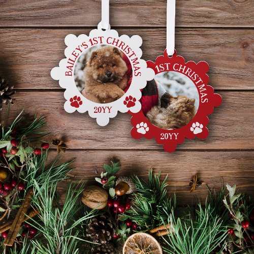Red White Paw Prints Puppys 1st Christmas Ornament Card