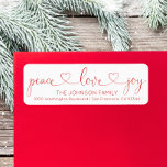 Red White Peace Love Joy Christmas Holiday Label<br><div class="desc">Elegant and classy return labels for Christmas (Xmas) Holiday greeting cards / envelopes. Red PEACE LOVE JOY white background.  Modern white letters for family name and address. Letter color and font can be changed.</div>