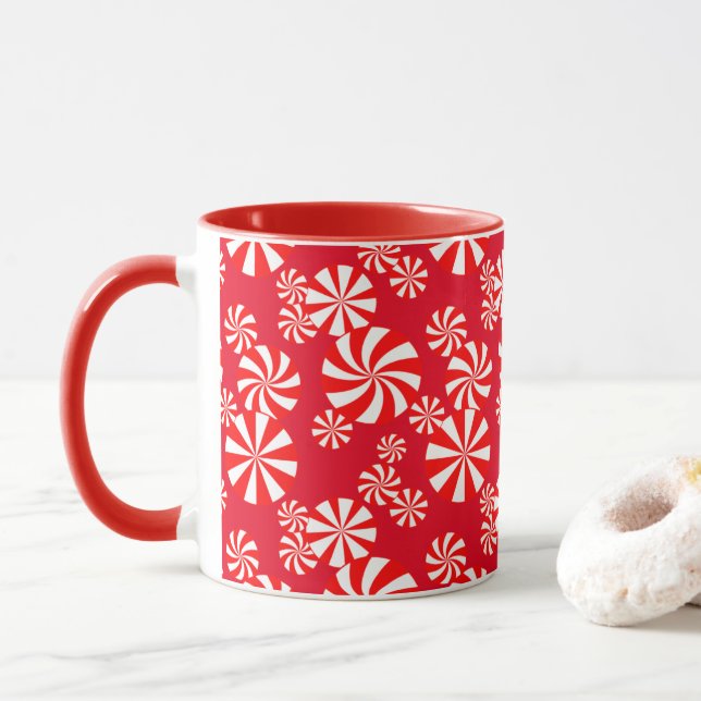Red White Peppermint on Red Candy Pattern Mug (With Donut)