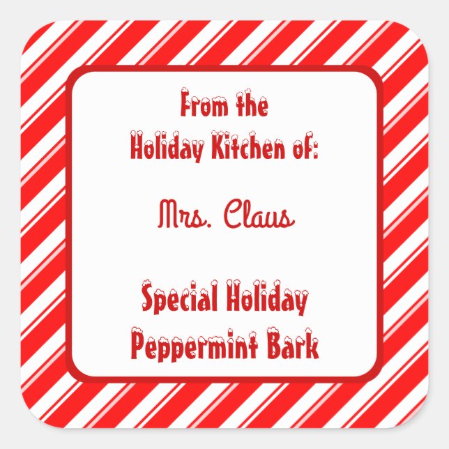 Red White Peppermint Stripe Custom Holiday Baking Square Sticker (Front)