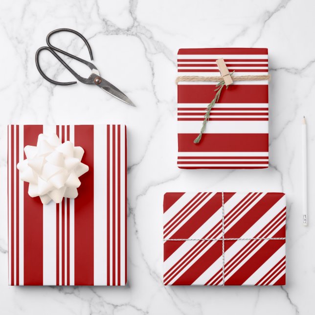 Red White Peppermint Stripes Wrapping Paper Sets (Front)