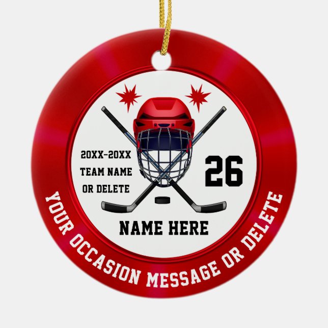 Red White Personalized, Hockey Christmas Ornament (Front)