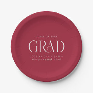 Red White Personalized Minimalist Grad Party Paper Plates