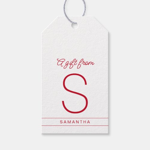 Red White Personalized Modern Name Initial Gift Tags