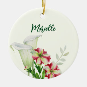 Red White Petunias and Calla Lilies Illustration Ceramic Ornament