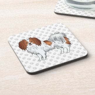 Red White Phalène Dog On Gray Color Paws Pattern Beverage Coaster