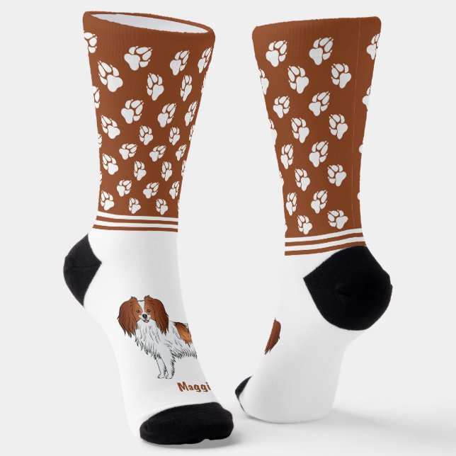 Red White Phalène Dog With Personalized Pet Name Socks (Angled)