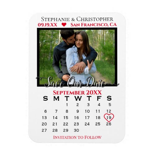 Red  White Photo Calendar Save Our Date Wedding Magnet