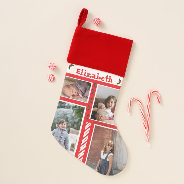 Red & White Photo Candy Cane Christmas Stocking (Front)