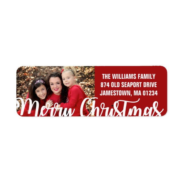 Red White Photo Christmas Return Address Labels (Front)