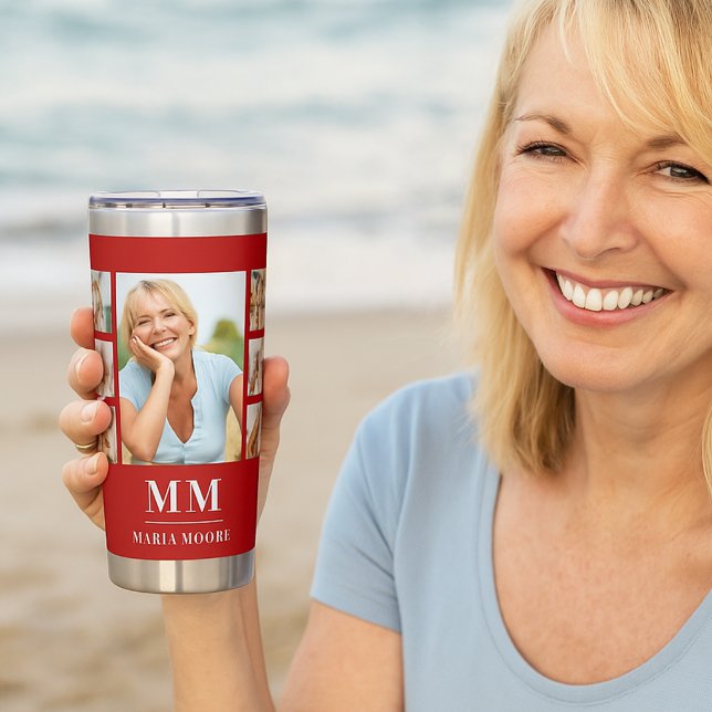 Red white photo collage monogram name insulated tumbler (Creator Uploaded)