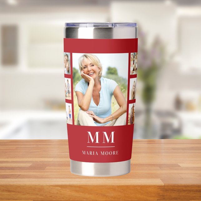 Red white photo collage monogram name insulated tumbler (Creator Uploaded)