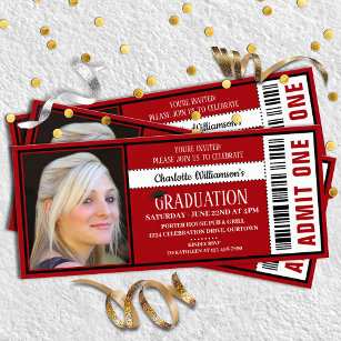 Red White Photo Ticket Graduation Party Invitation