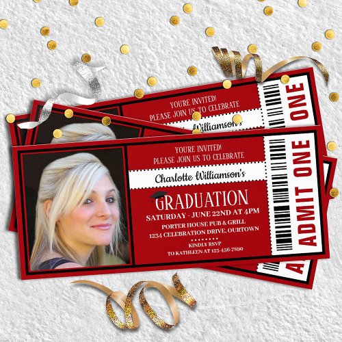 RedWhite Photo Ticket Graduation Party Invitation