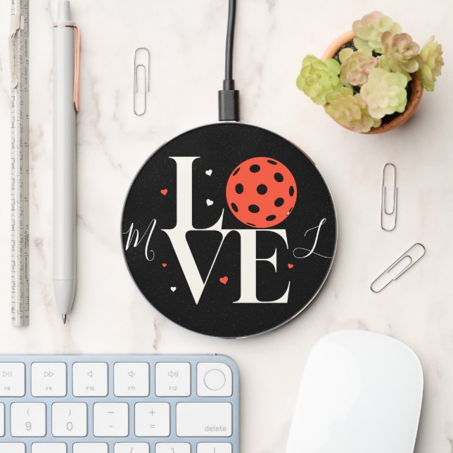 Red & White PickleBall Love on Black Glitter Wireless Charger (Desk)