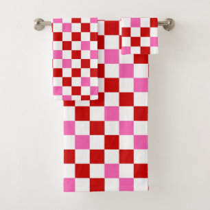 Red White Pink Checkered Pattern Design Bath Towel Set