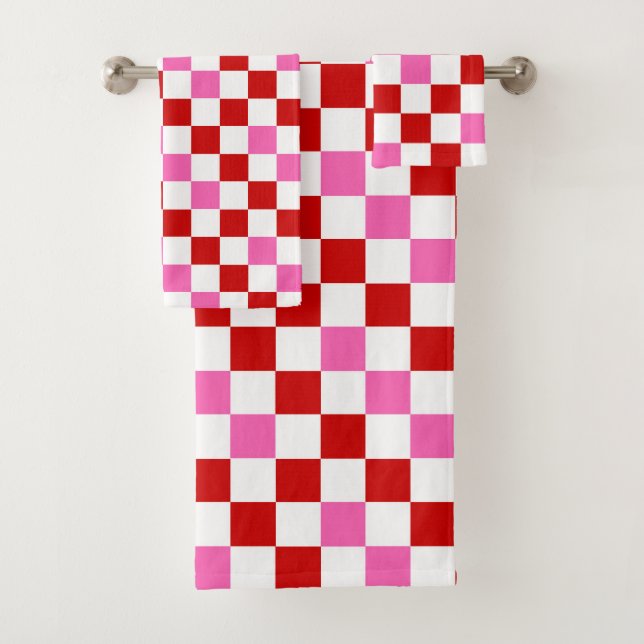 Red White Pink Checkered Pattern Design  Bath Towel Set (Insitu)