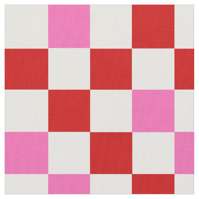 Red White Pink Checkered Pattern Design  Fabric (Close Up)